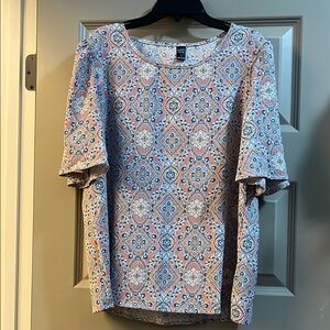 Blue and Pink Boxy Blouse with Flutter Sleeves